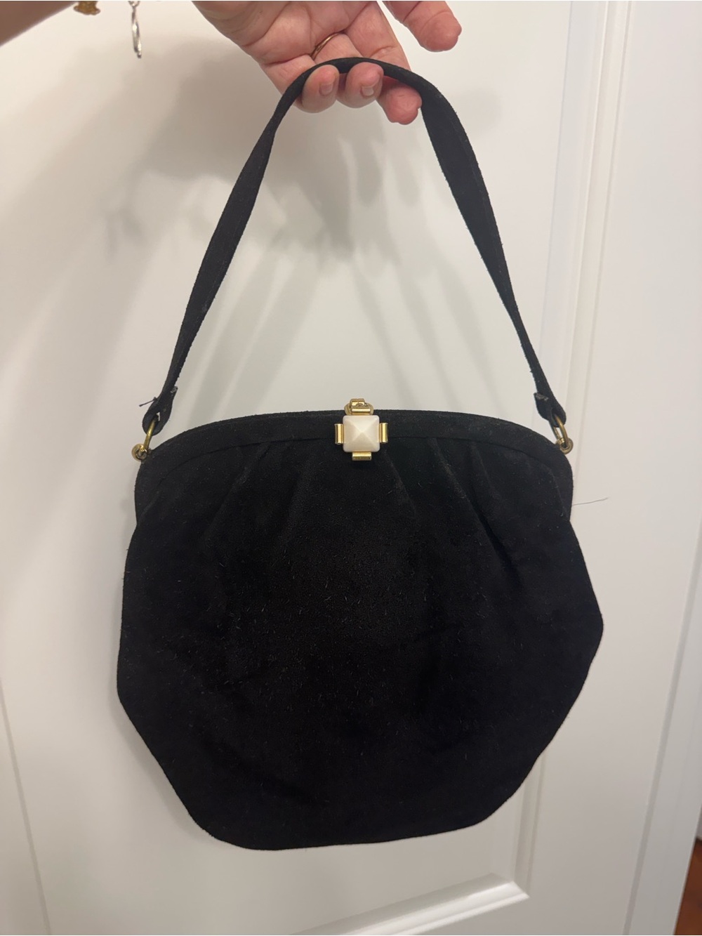 Vintage black suede shoulder bag with snap top decoration